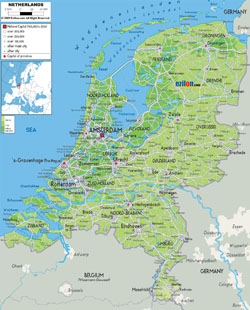 Detailed physical map of Netherlands with roads, cities and airports.