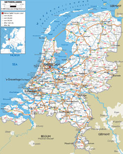 Detailed road map of Holland with cities and airports.