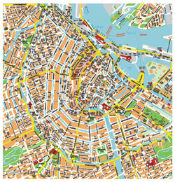 Detailed map of central part of Amsterdam city.