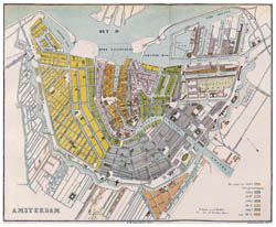 Large detailed old map of Amsterdam city (1385-1875).