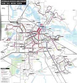 Large scale detailed tram, bus and metro map of Amsterdam city.