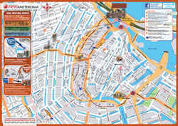 Large top tourist attractions map of central part of Amsterdam city.