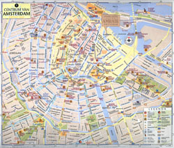 Large tourist map of central part of Amsterdam city.