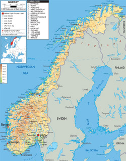 Detailed physical map of Norway with all roads, cities and airports.