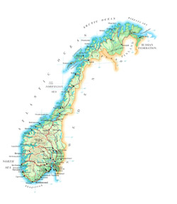 Road map of Norway with cities and airports.