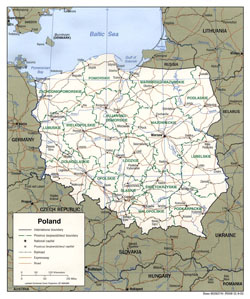 Detailed political and administrative map of Poland with roads and cities.