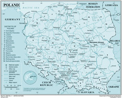 Detailed political map of Poland with roads, railroads, cities and airports.