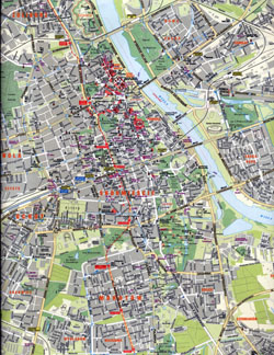 Detailed road and tourist map of Warsaw city center.
