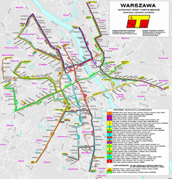 Detailed tram communication map of Warsaw city.
