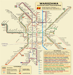 Detailed tram map of Warsaw city.