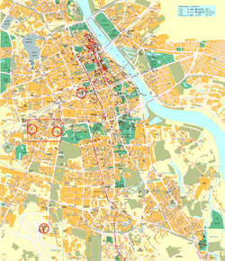 Large detailed road and tourist map of Warsaw city center with buildings.