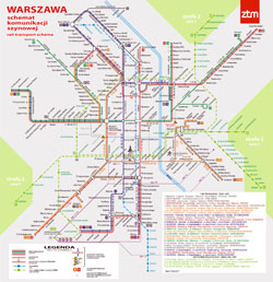 Large detailed tram communication map of Warsaw city.