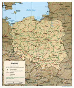 Political and administrative map of Poland with relief, roads and cities.