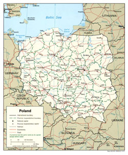 Political and administrative map of Poland with roads and cities.