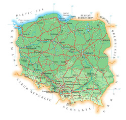 Road map of Poland with cities and airports.