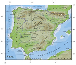 Elevation map of Portugal and Spain.