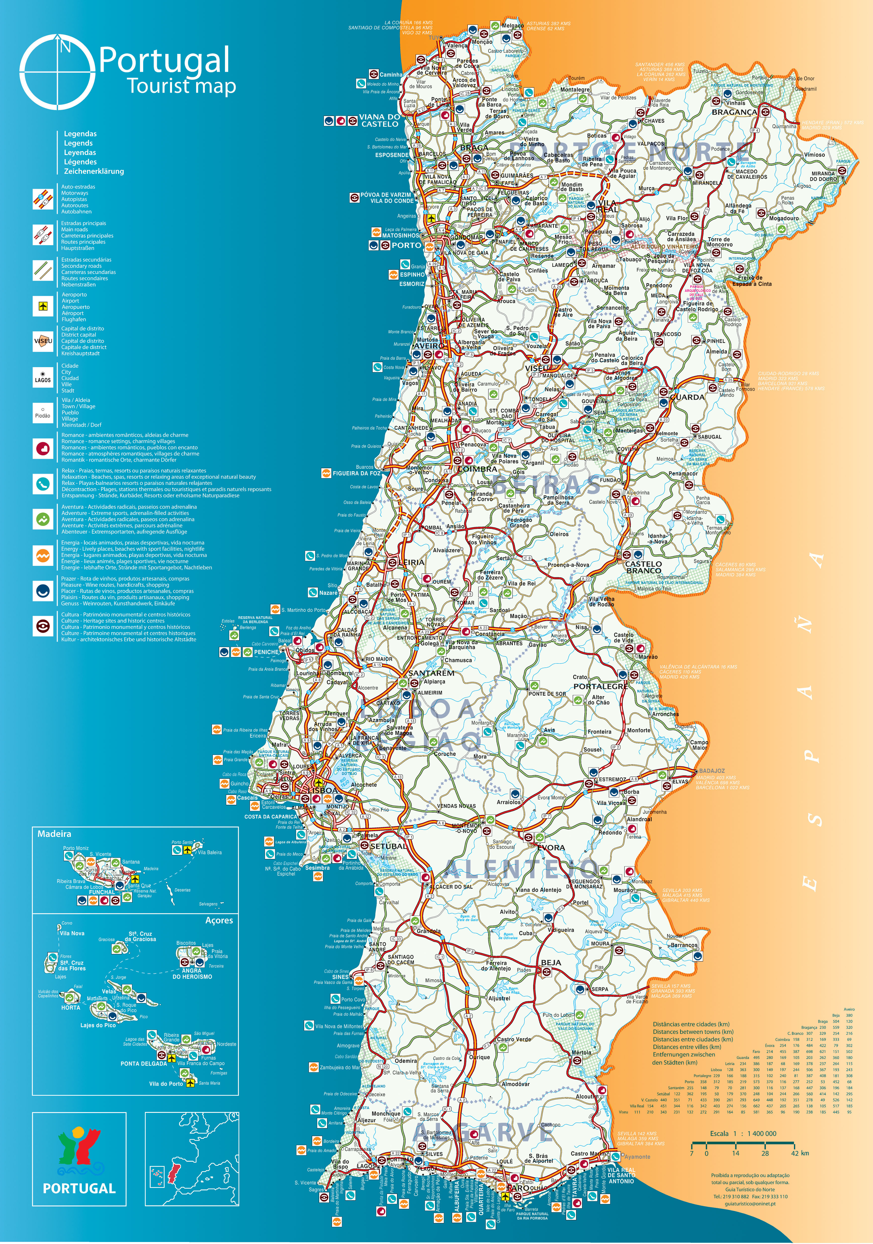 Detailed map of Portugal with roads and other marks, Portugal, Europe, Mapsland