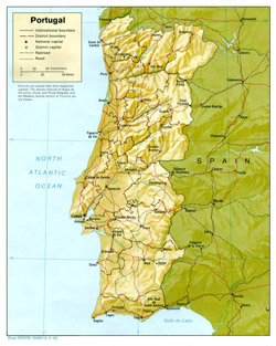 Political and administrative map of Portugal with relief, roads and cities.