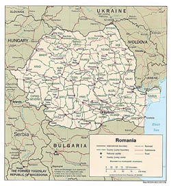 Political and administrative map of Romania with roads and cities.