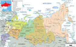 Political and administrative map of Russia with all roads, cities and airports.