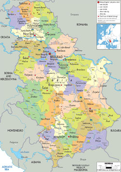 Detailed political and administrative map of Serbia with all roads, cities and airports.