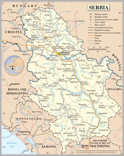Large political and administrative map of Serbia with all cities, roads and airports.