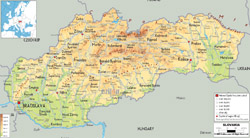 Detailed physical map of Slovakia with all roads, cities and airports.