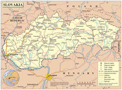 Large political and administrative map of Slovakia with all roads, cities and airports.