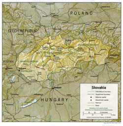 Political and administrative map of Slovakia with relief, roads and cities.
