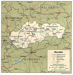 Political and administrative map of Slovakia with roads and cities.