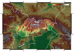 Topographical map of Slovakia and neighboring countries.