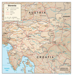 Large political map of Slovenia with relief, roads and cities.