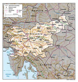 Political map of Slovenia with relief, roads and cities.