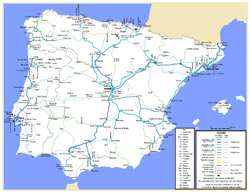 Detailed railroads map of Spain and Portugal.