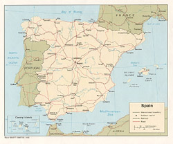Political map of Spain with roads and cities.
