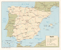 Political map of Spain with roads and cities.