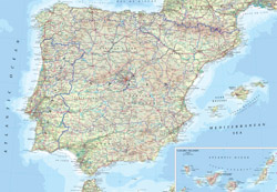 Road map of Spain with cities.