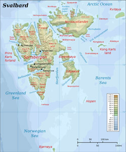 Detailed physical map of Svalbard.