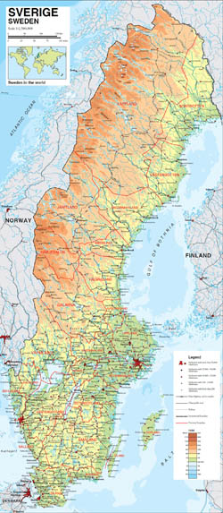 Large physical map of Sweden with all roads and cities.