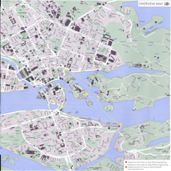 Detailed road and tourist map of Stockholm city center with buildings.