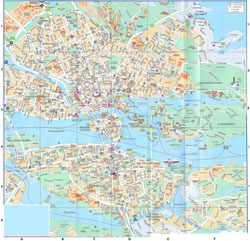 Large detailed road map of Stockholm city center with buildings.