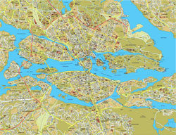 Large detailed road map of Stockholm city with buildings.
