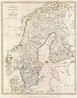 Old map of Sweden, Denmark and Norway 1799.
