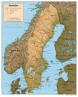 Political map of Sweden with relief, roads and cities.