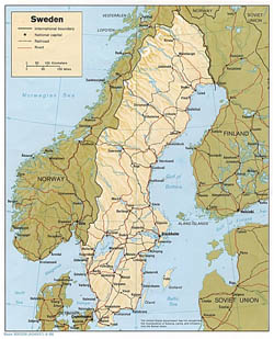 Political map of Sweden with relief.