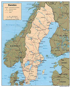 Political map of Sweden with roads and cities.