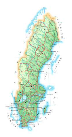 Road map of Sweden with cities and airports.