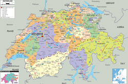Detailed political and administrative map of Switzerland with all roads, cities and airports.