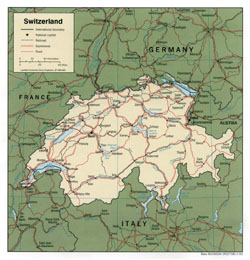 Political map of Switzerland with roads and cities.