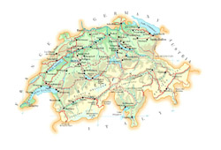 Road map of Switzerland with cities and airports.